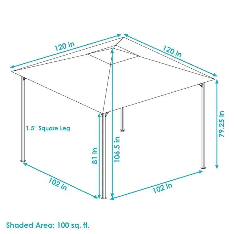 10' x 10' Steel Open Gazebo with Weather-Resistant Polyester Fabric Top and Black Metal Frame - Gray