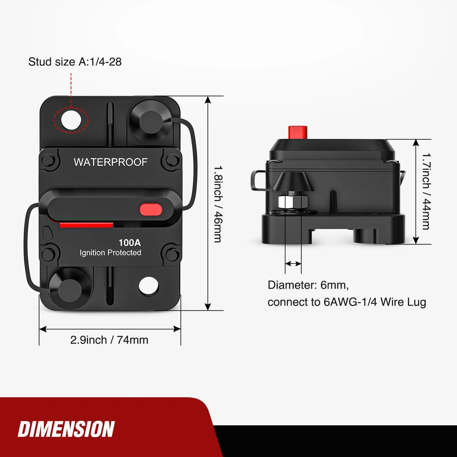 100A Circuit Breaker Resettable 12-48V DC Manual Reset w/Copper Wire Lugs Surface Mount Overload Protection