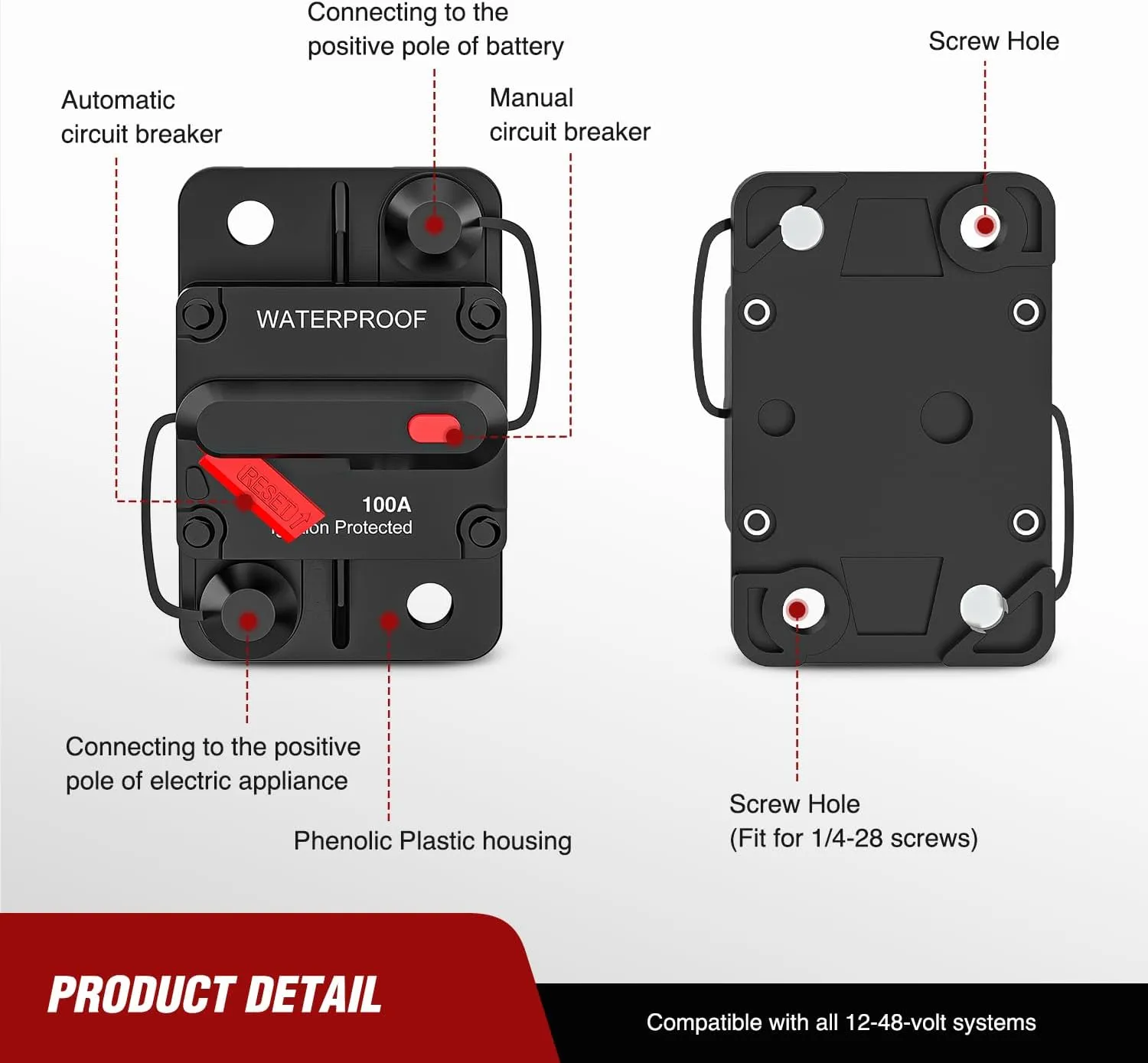 100A Circuit Breaker Resettable 12-48V DC Manual Reset w/Copper Wire Lugs Surface Mount Overload Protection