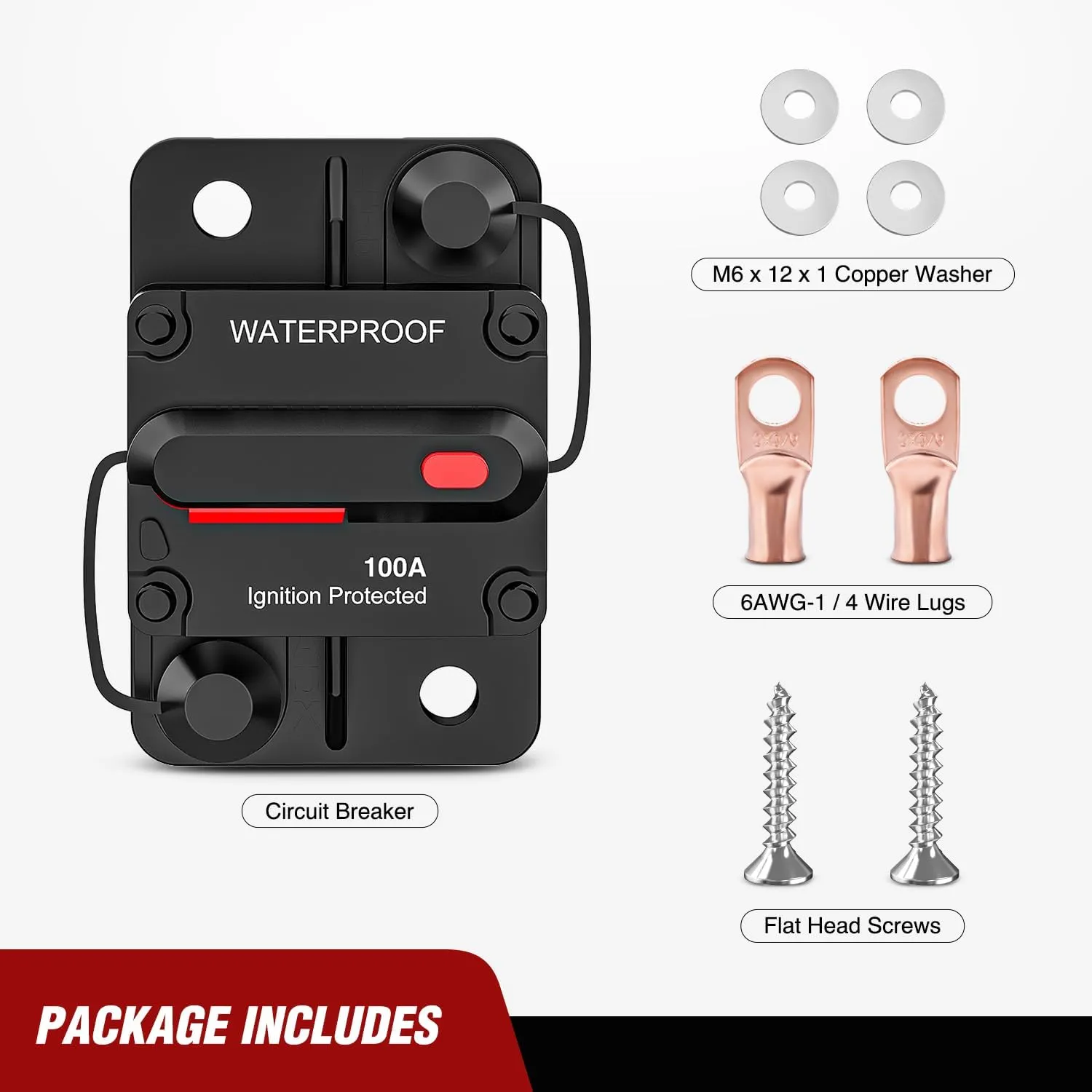 100A Circuit Breaker Resettable 12-48V DC Manual Reset w/Copper Wire Lugs Surface Mount Overload Protection