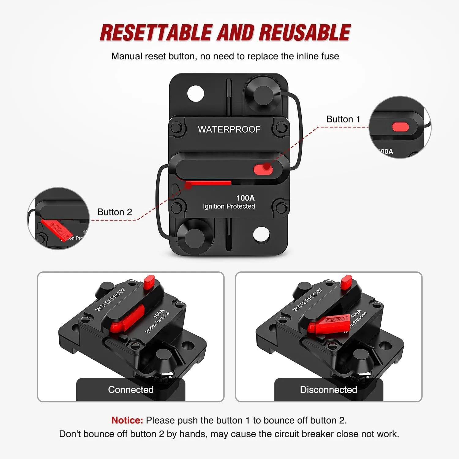 100A Circuit Breaker Resettable 12-48V DC Manual Reset w/Copper Wire Lugs Surface Mount Overload Protection