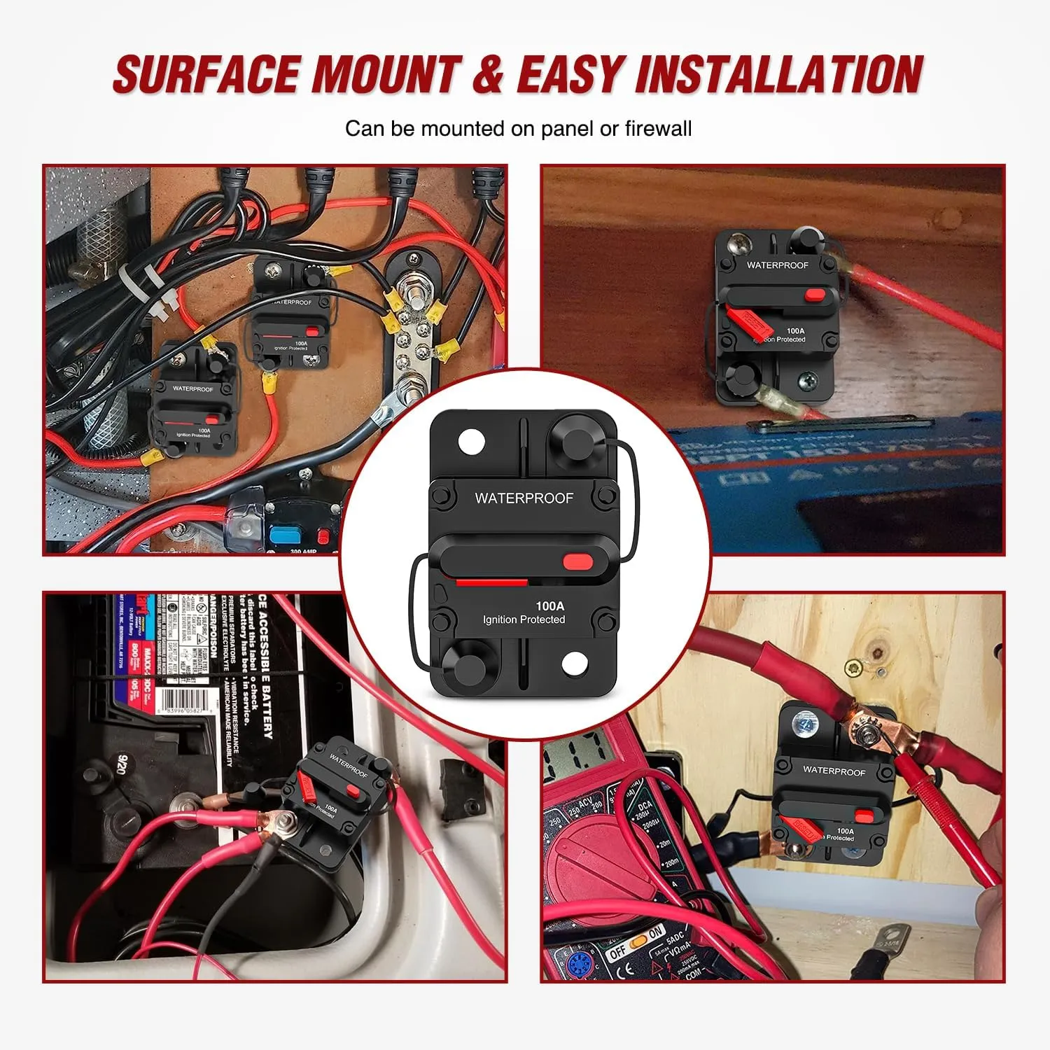 100A Circuit Breaker Resettable 12-48V DC Manual Reset w/Copper Wire Lugs Surface Mount Overload Protection