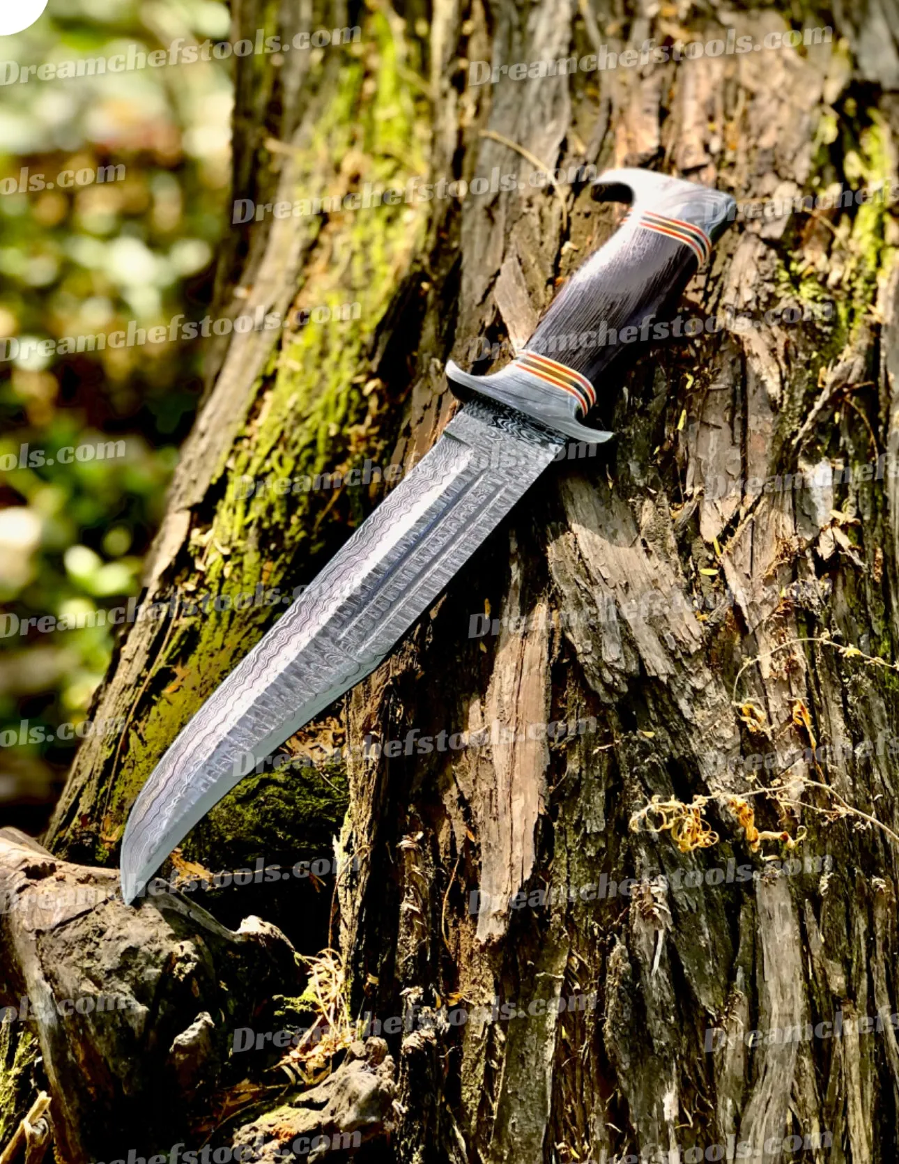 Best Custom Handmade 15" Damascus Steel Bowie Knife with Damascus Steel Guard and Colored Bone Handle – Includes Leather Sheath