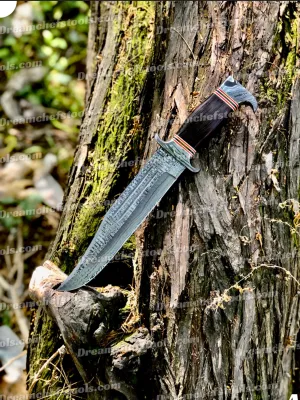 Best Custom Handmade 15" Damascus Steel Bowie Knife with Damascus Steel Guard and Colored Bone Handle – Includes Leather Sheath