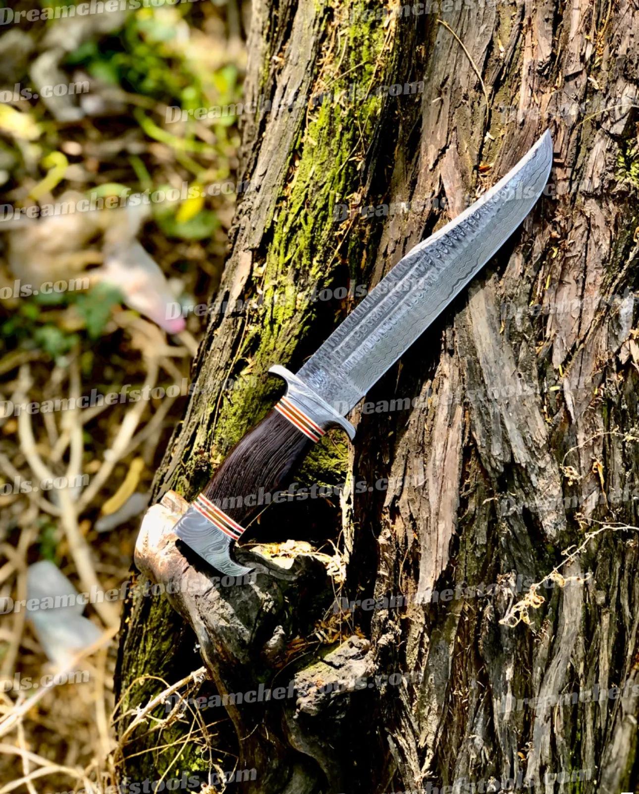 Best Custom Handmade 15" Damascus Steel Bowie Knife with Damascus Steel Guard and Colored Bone Handle – Includes Leather Sheath