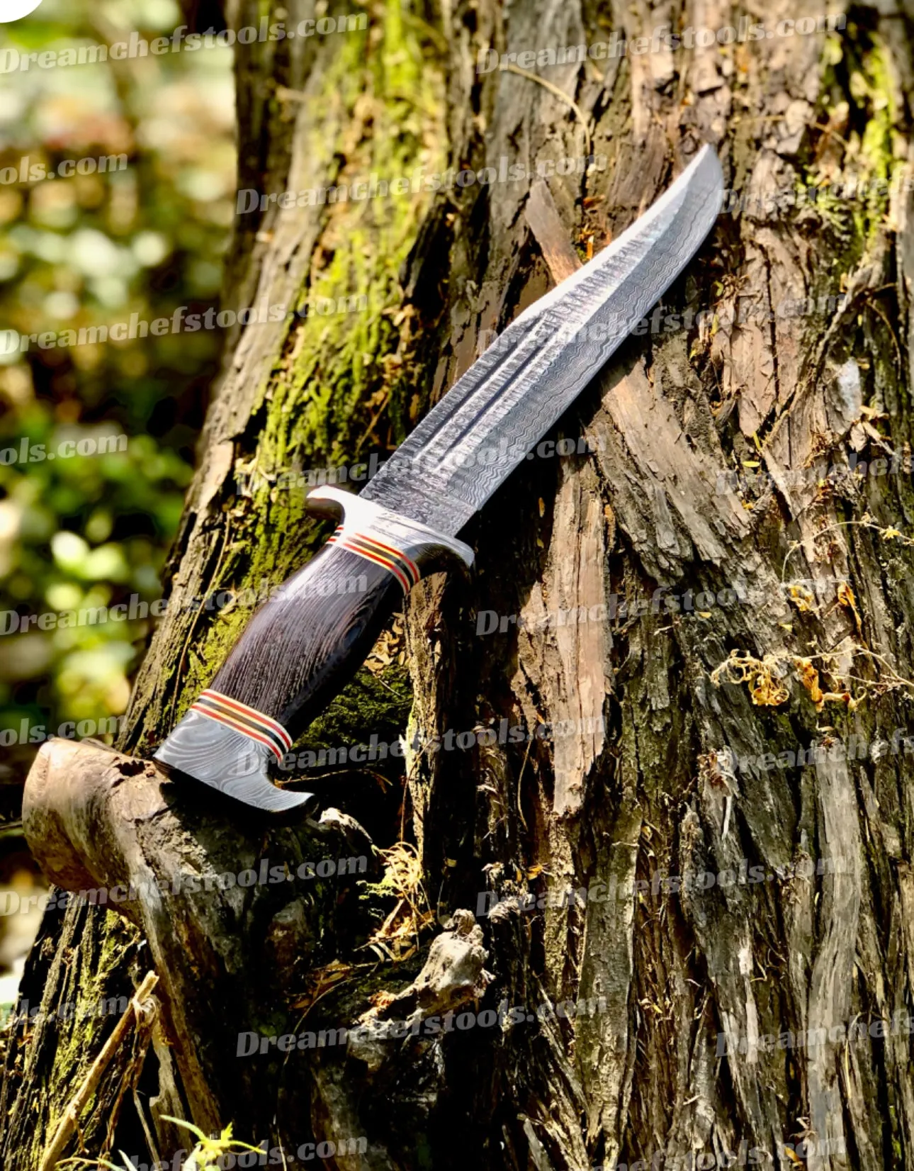Best Custom Handmade 15" Damascus Steel Bowie Knife with Damascus Steel Guard and Colored Bone Handle – Includes Leather Sheath
