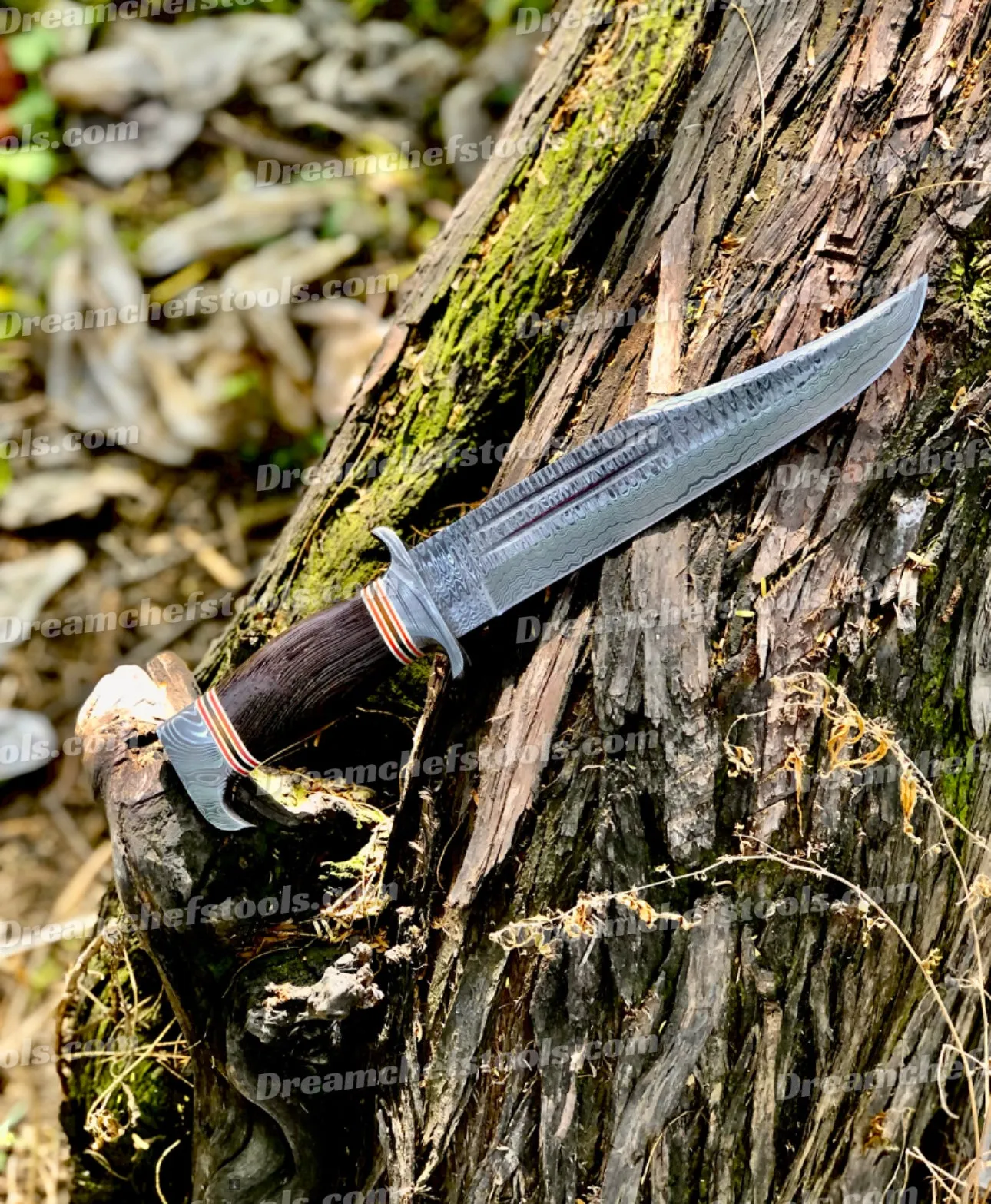 Best Custom Handmade 15" Damascus Steel Bowie Knife with Damascus Steel Guard and Colored Bone Handle – Includes Leather Sheath