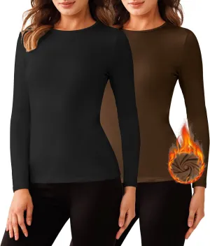Bonneuitbebe Women's 2 Pack Long Sleeve Thermal Shirts Soft Crewneck Undershirt Tops Lightweight Base Layer Cold Weather
