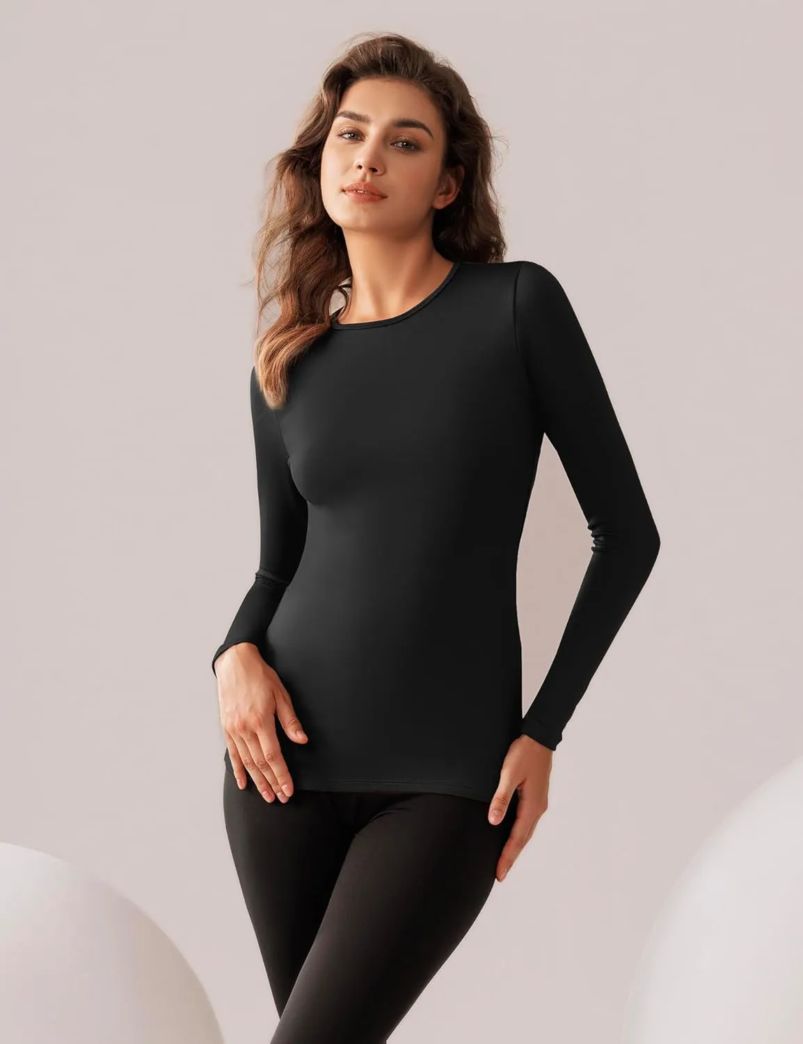 Bonneuitbebe Women's 2 Pack Long Sleeve Thermal Shirts Soft Crewneck Undershirt Tops Lightweight Base Layer Cold Weather