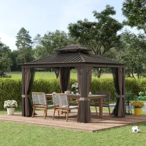 Brown 10 x 12ft Outdoor Hardtop Gazebo with Galvanized Steel Canopy & Netting Sidewalls for Lawn & Backyard- Model #84C-204V02BN