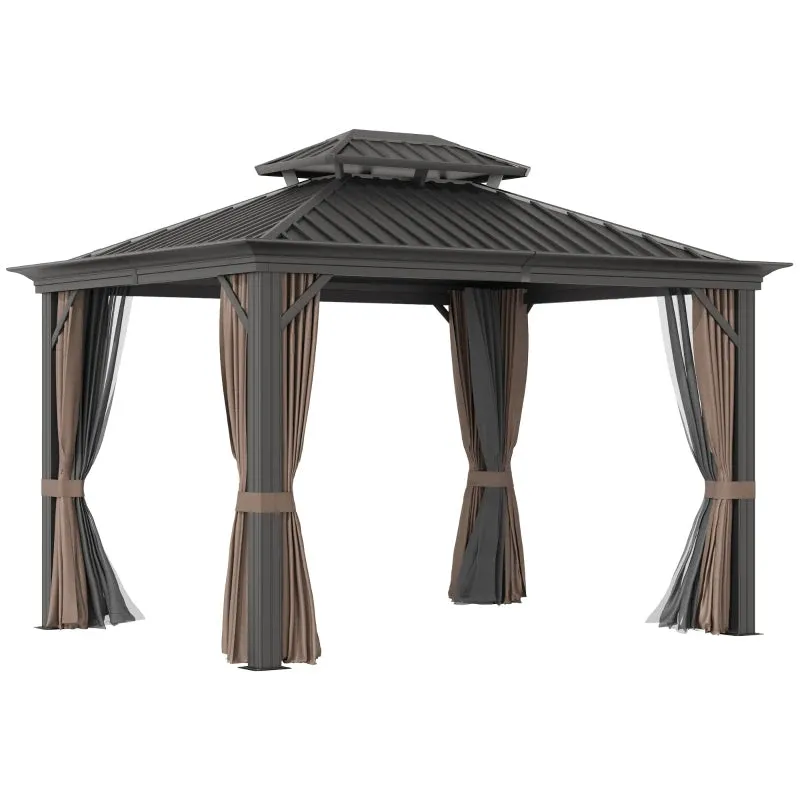 Brown 10 x 12ft Outdoor Hardtop Gazebo with Galvanized Steel Canopy & Netting Sidewalls for Lawn & Backyard- Model #84C-204V02BN