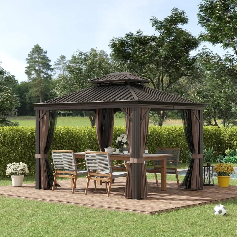 Brown 10 x 12ft Outdoor Hardtop Gazebo with Galvanized Steel Canopy & Netting Sidewalls for Lawn & Backyard- Model #84C-204V02BN