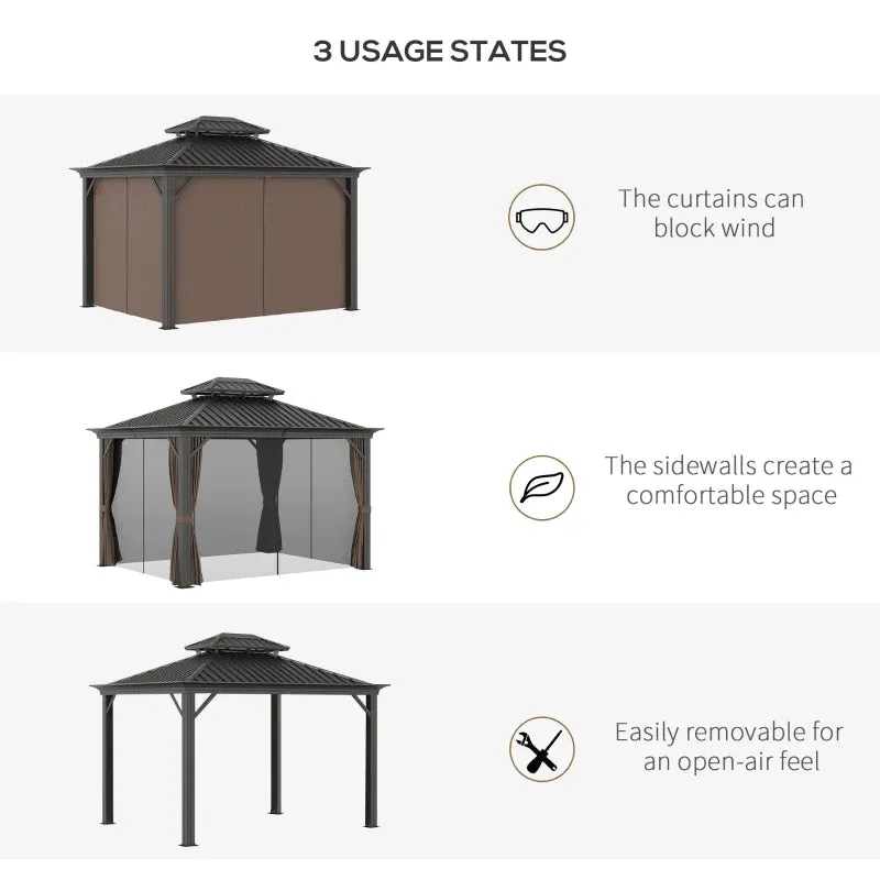 Brown 10 x 12ft Outdoor Hardtop Gazebo with Galvanized Steel Canopy & Netting Sidewalls for Lawn & Backyard- Model #84C-204V02BN