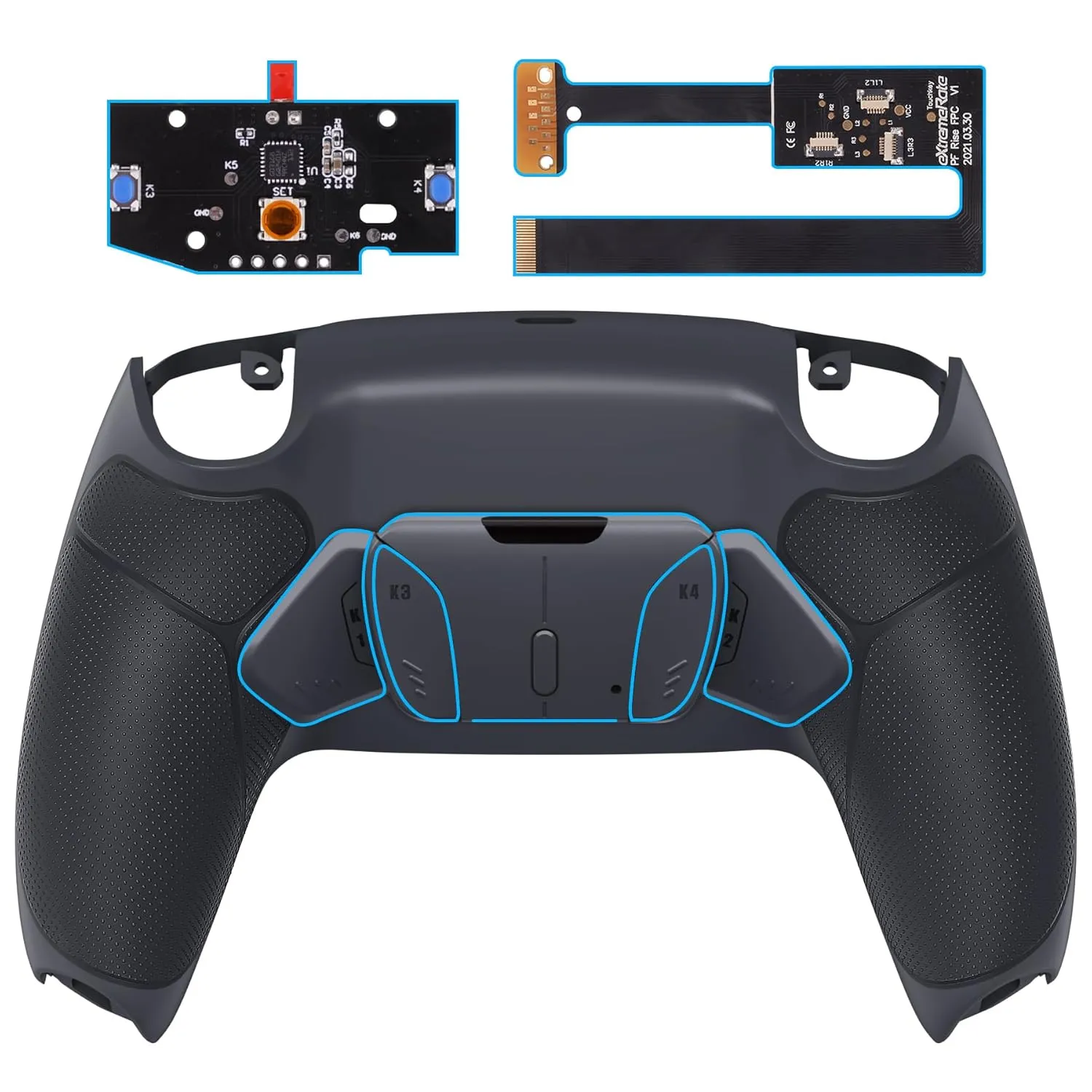eXtremeRate Dark Gray Rubberized Grip Programable RISE4 Remap Kit for PS5 Controller BDM-010 & BDM-020, Upgrade Board & Redesigned Classic Gray Back Shell & 4 Back Buttons for PS5 Controller