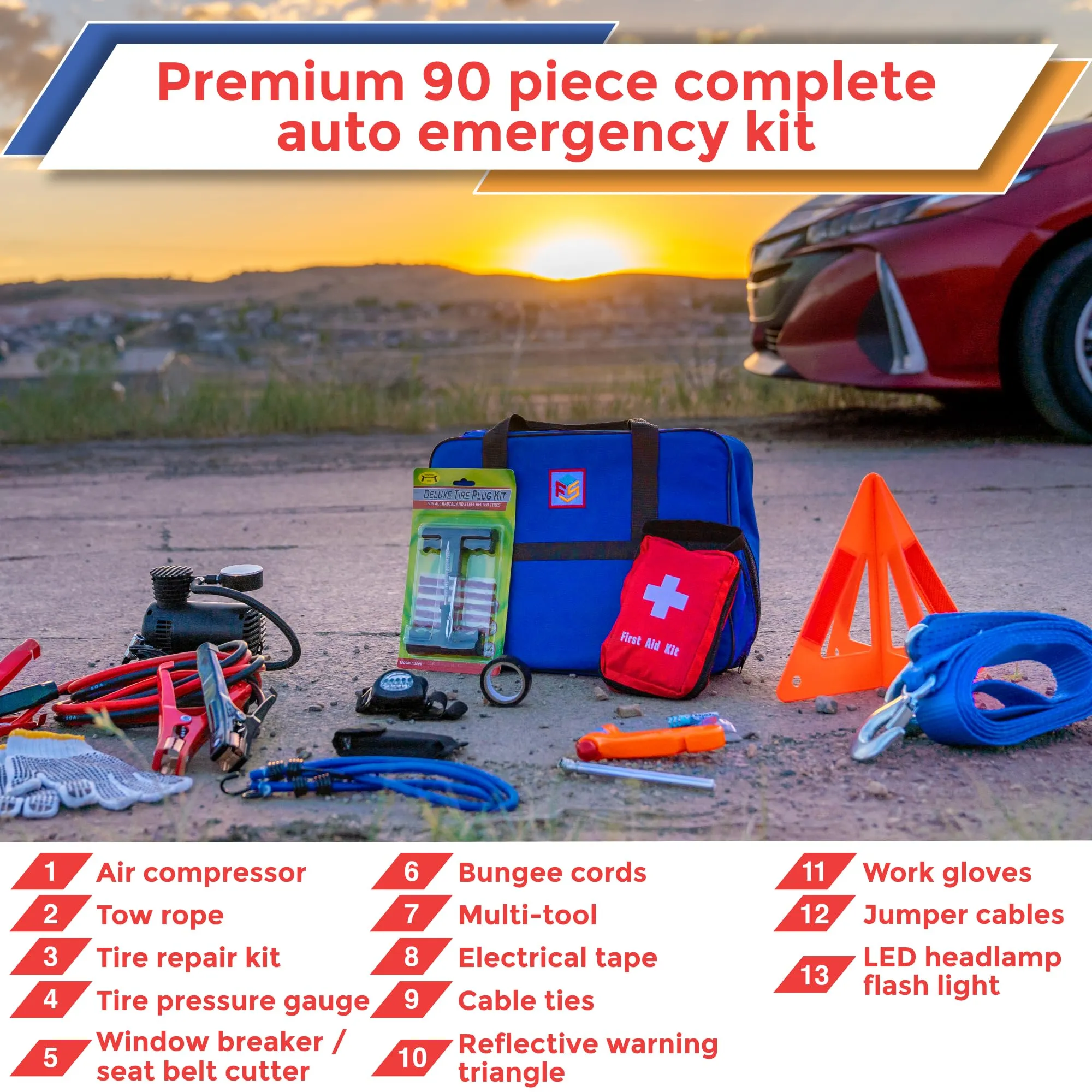 FIRST SECURE 90 Piece Car Emergency Roadside Kit Tool Set w/Safety Kit for Women & Men - Essential Safety & Survival Assistance Kit for Travel, Camping, Road Trip, Truck, SUV