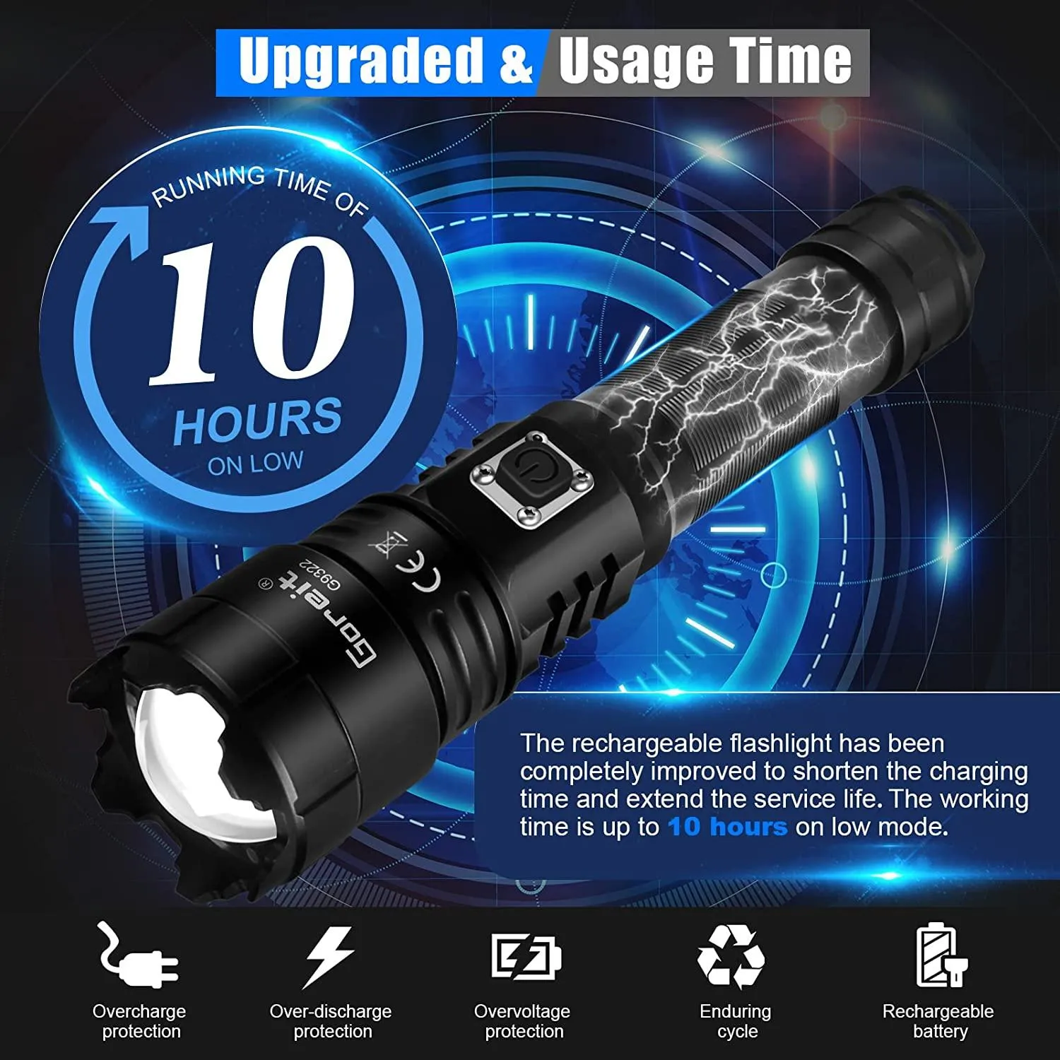 Flashlights High Lumens Rechargeable, Goreit 10000 Lumens XHP70.2 LED Flashlight Super Bright Flash Lights, High Powered Handheld Flashlights, IP67 Waterproof Torch for Emergencies Camping Hiking Gift