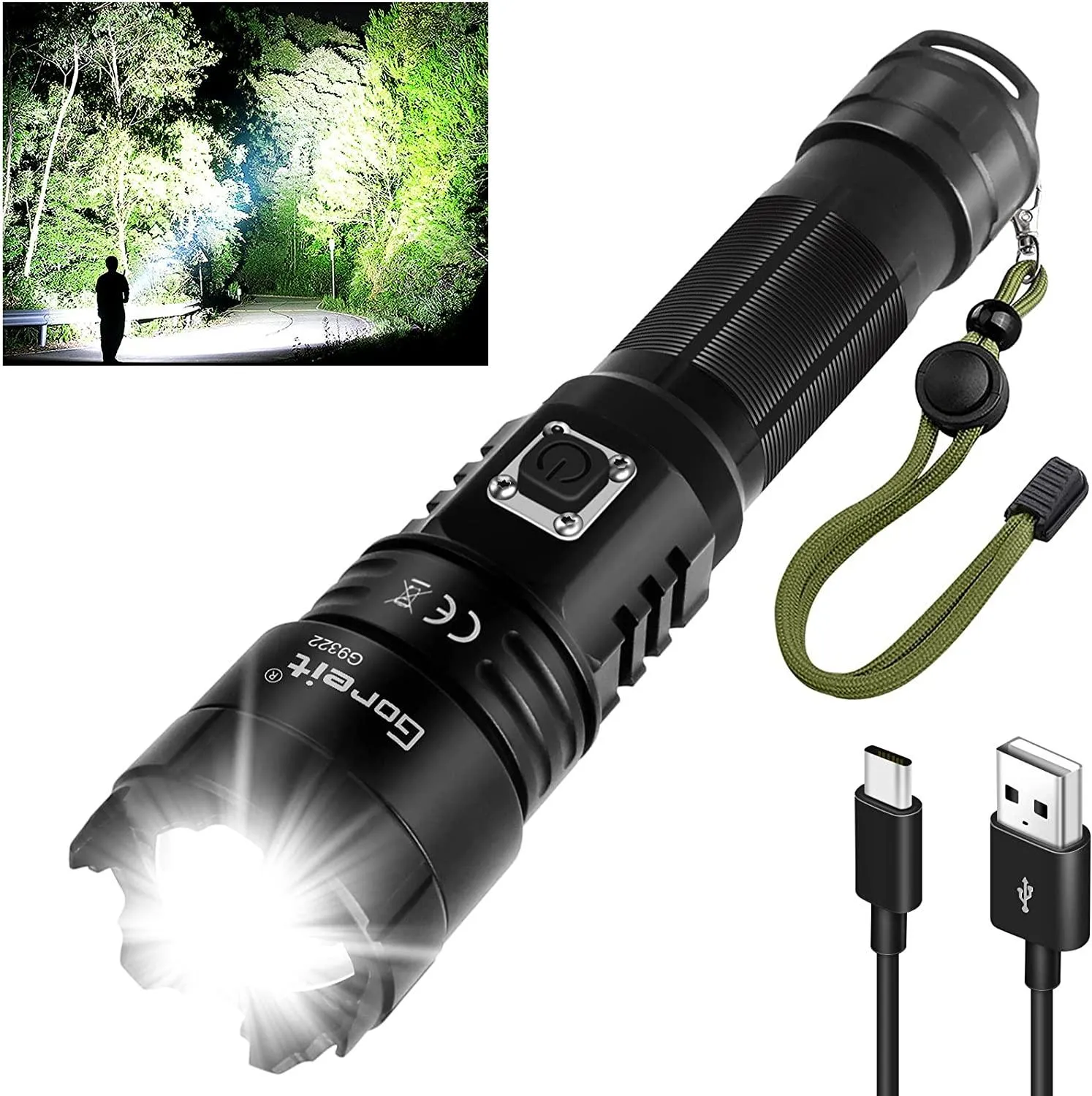 Flashlights High Lumens Rechargeable, Goreit 10000 Lumens XHP70.2 LED Flashlight Super Bright Flash Lights, High Powered Handheld Flashlights, IP67 Waterproof Torch for Emergencies Camping Hiking Gift