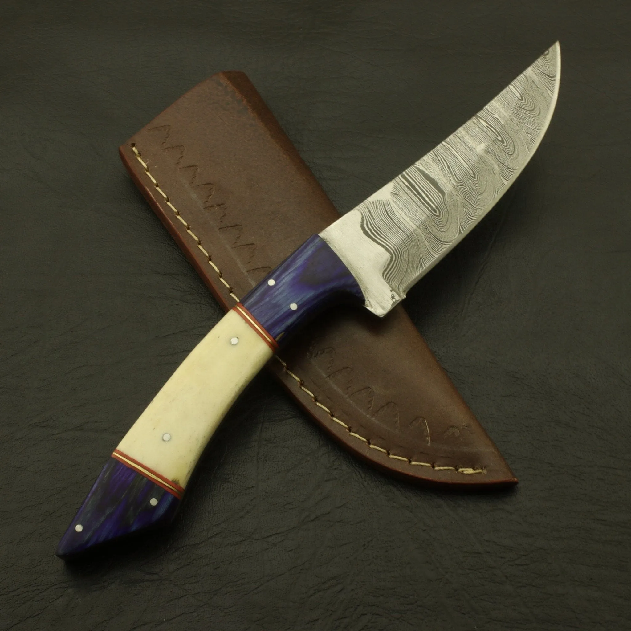 Handmade Damascus Steel 10''inch Handle Camel Bone/Rosa wood Hunting Skinning Knife/sheath