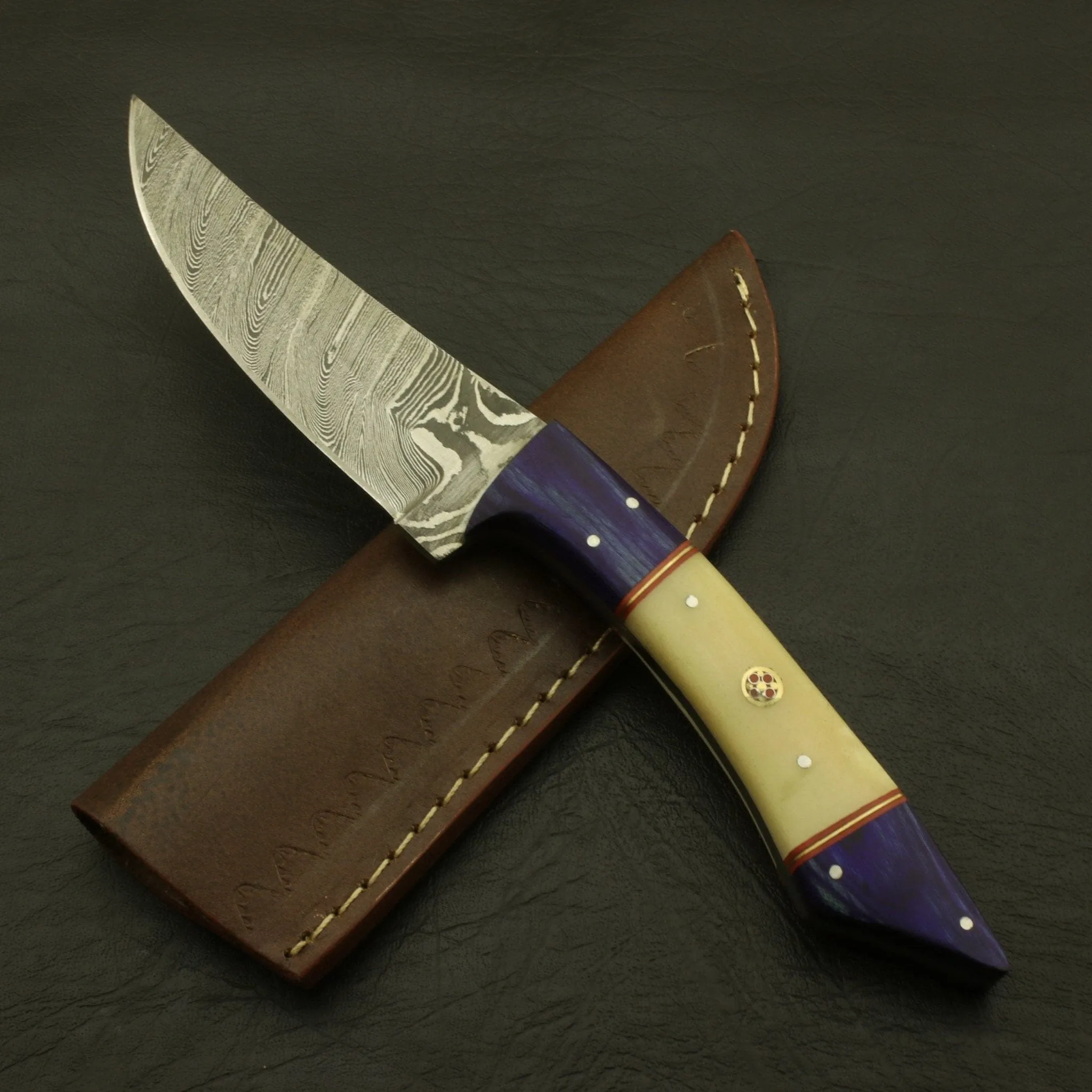 Handmade Damascus Steel 10''inch Handle Camel Bone/Rosa wood Hunting Skinning Knife/sheath