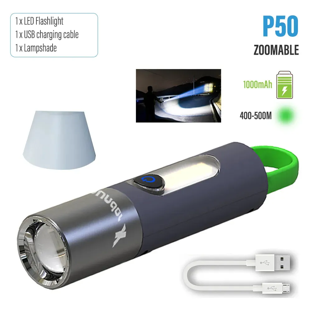 High Power LED Flashlight Camping Torch with 30W-LED and Side Light Telescopic Zoom Waterproof Lamp with Lampshade