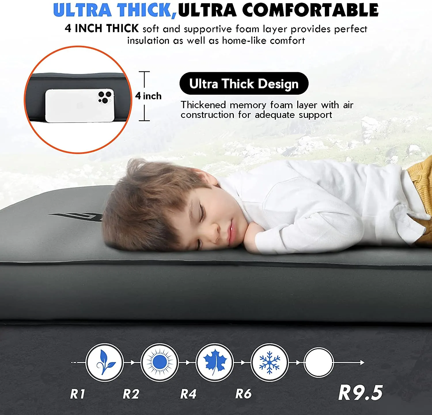 Hikenture 4 INCH Thick Self Inflating Sleeping Pad with 9.5 R Value, Comfort plus Camping Mattress with Pump Sack, Inflatable Foam Insulated Camping Pad, Portable Camping Mat for 4-Season