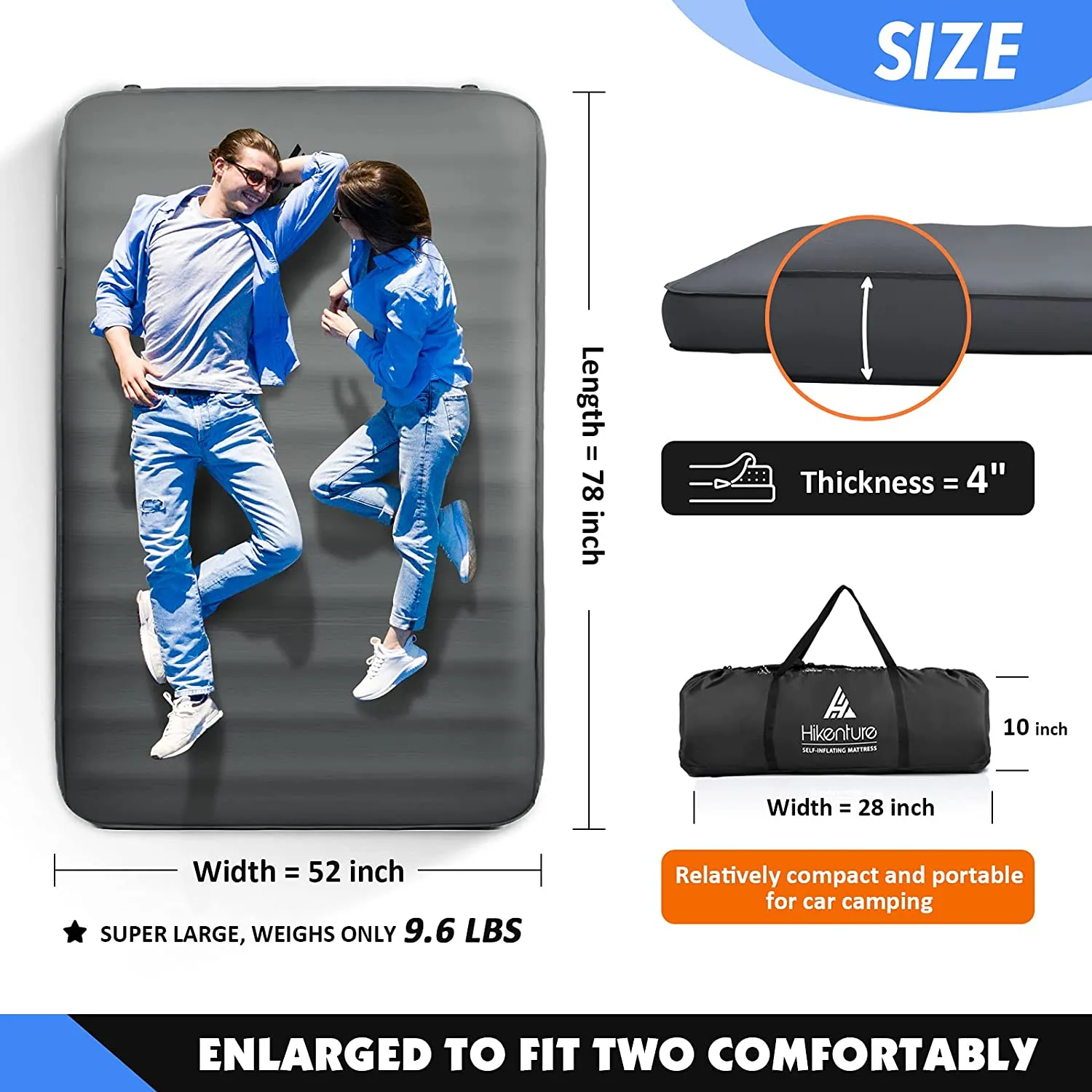 Hikenture 4 INCH Thick Self Inflating Sleeping Pad with 9.5 R Value, Comfort plus Camping Mattress with Pump Sack, Inflatable Foam Insulated Camping Pad, Portable Camping Mat for 4-Season