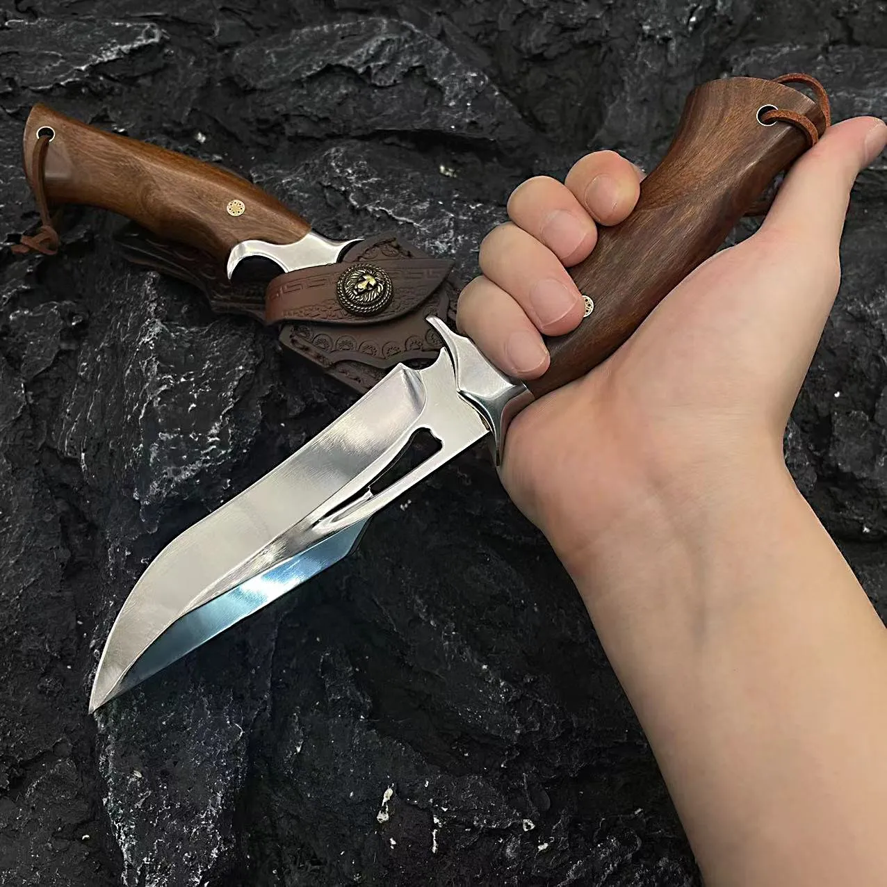 Knives Adventurer - Bushcraft Knife - Fixed-Blade M390 Steel Knife - Outdoor Full-Tang Knife - 9.5" Camping Knives Bayonet With Leather Sheath