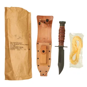 Original U.S. Vietnam War New Old Stock "Jet Pilot" Air Force Survival Knife by Camillus with Scabbard, Whetstone, Leg Tie and Original Packaging Dated 1966