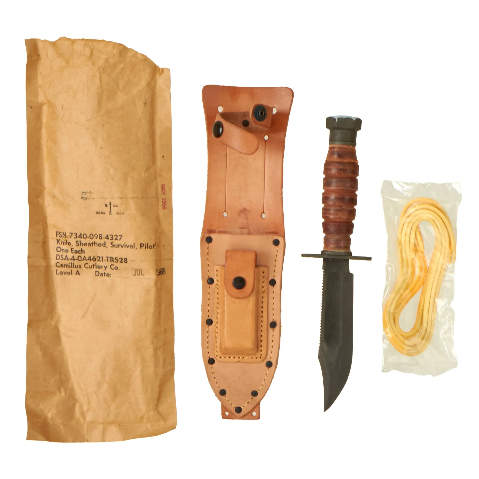 Original U.S. Vietnam War New Old Stock "Jet Pilot" Air Force Survival Knife by Camillus with Scabbard, Whetstone, Leg Tie and Original Packaging Dated 1966