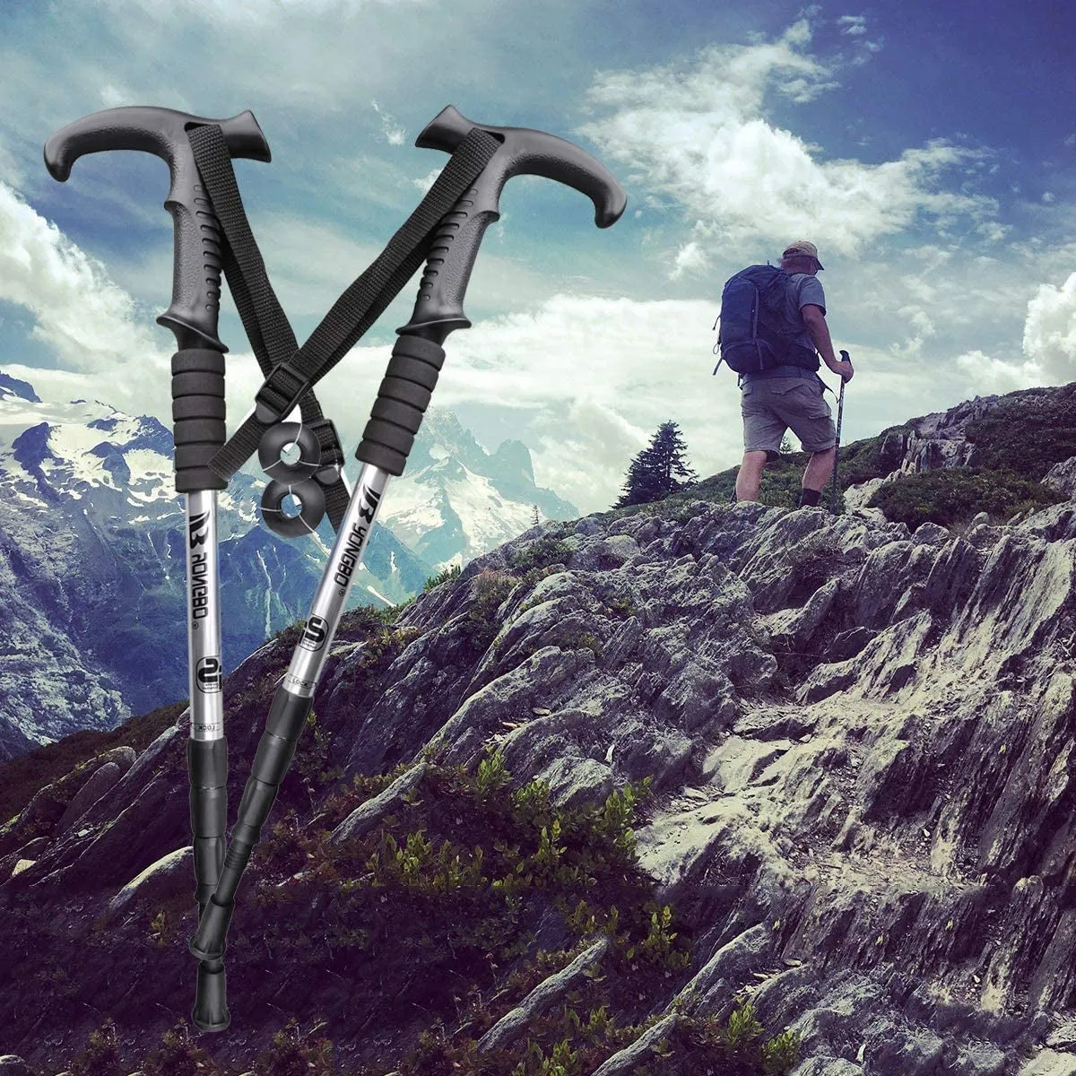 (Set of 2) Aluminum Anti-Shock Hiking Pole Nordic Walking Hiking Poles Pole Adjustable - Black