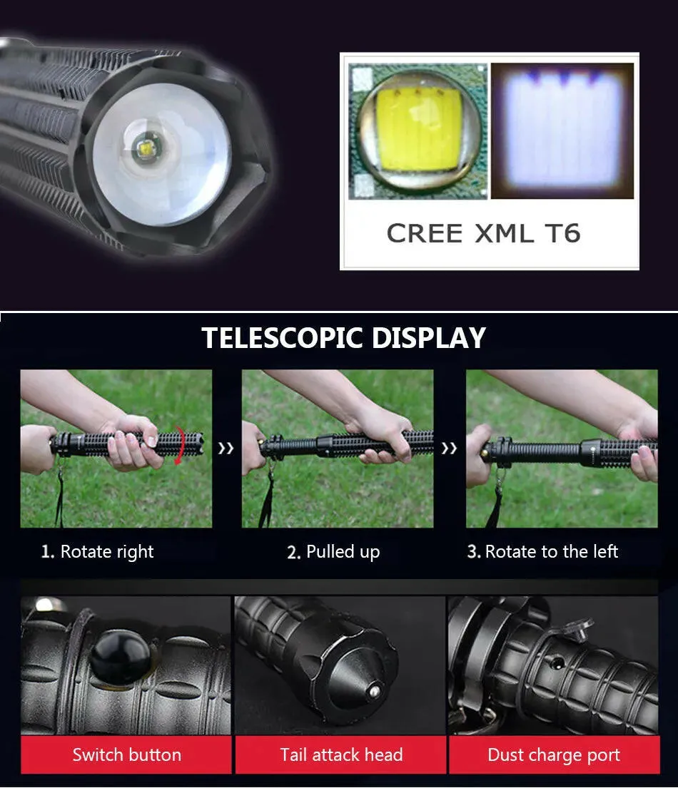 telescopic baton self defense flashlight led 18650 battery rechargeable car torch lamp waterproof zoom no electric shock light