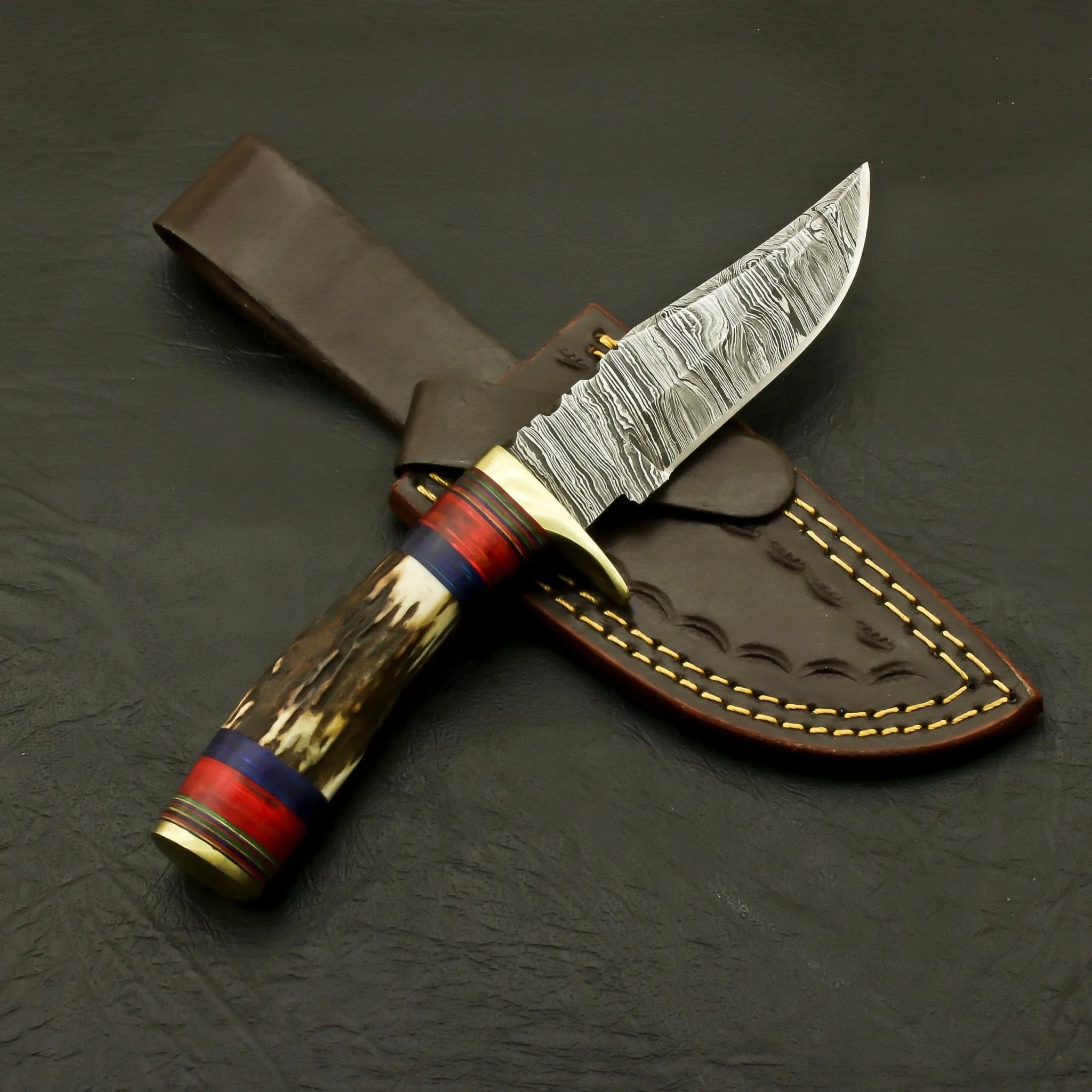 Top Handmade Damascus Steel Blade Custom Pakkawood Hunting/Skinning Knife With Sheath
