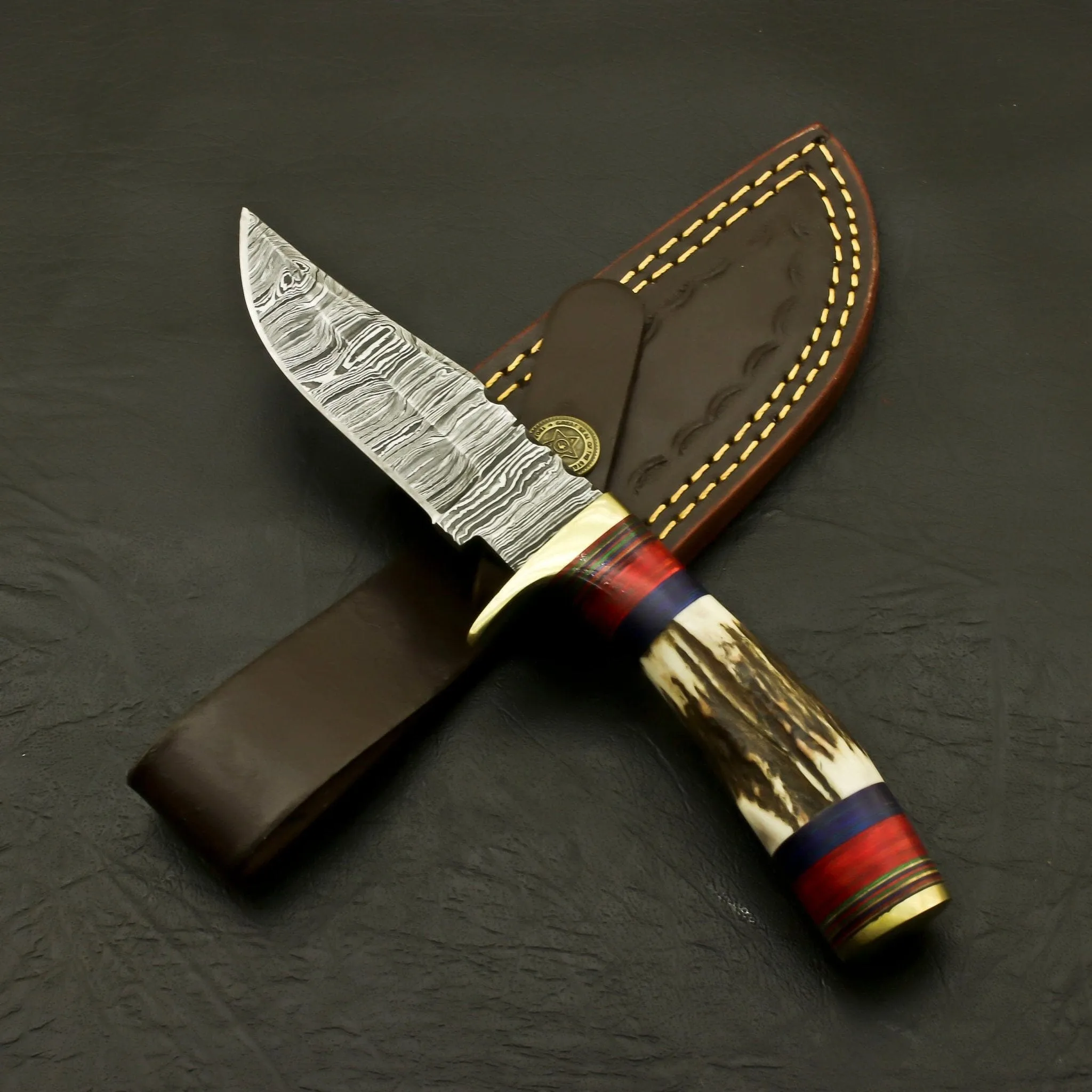 Top Handmade Damascus Steel Blade Custom Pakkawood Hunting/Skinning Knife With Sheath